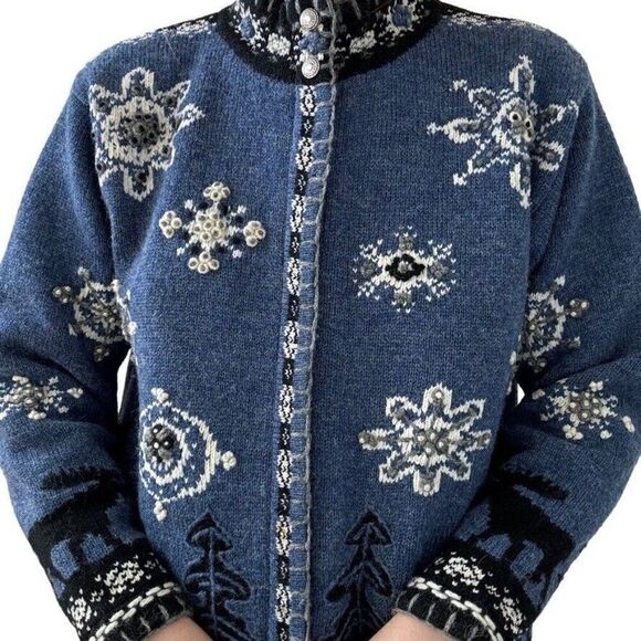 Vintage Coldwater Creek Wool Snowflake Christmas Theme Cardigan Jacket Sz S - Picture 5 of 7